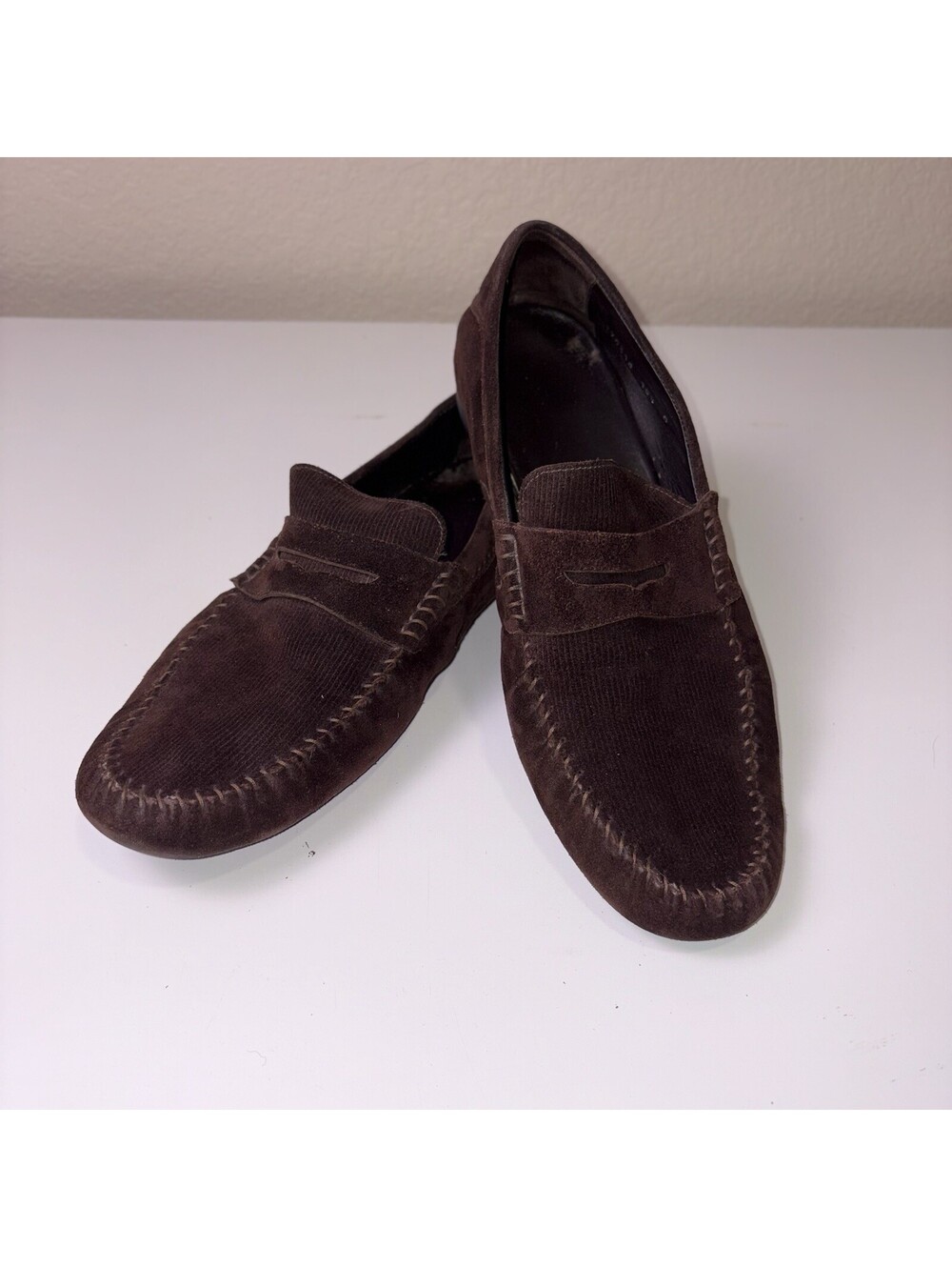 Gucci Men’s 10.5 Brown Suede Penny Loafers Driving Moccasin Shoes Italy
